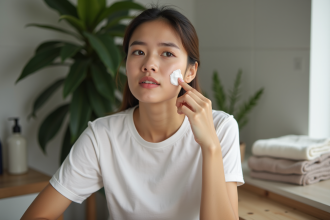 Femme appliquant soin visage dans salle de bain chaleureuse