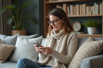 Femme d'âge moyen avec thermometre dans un salon cosy