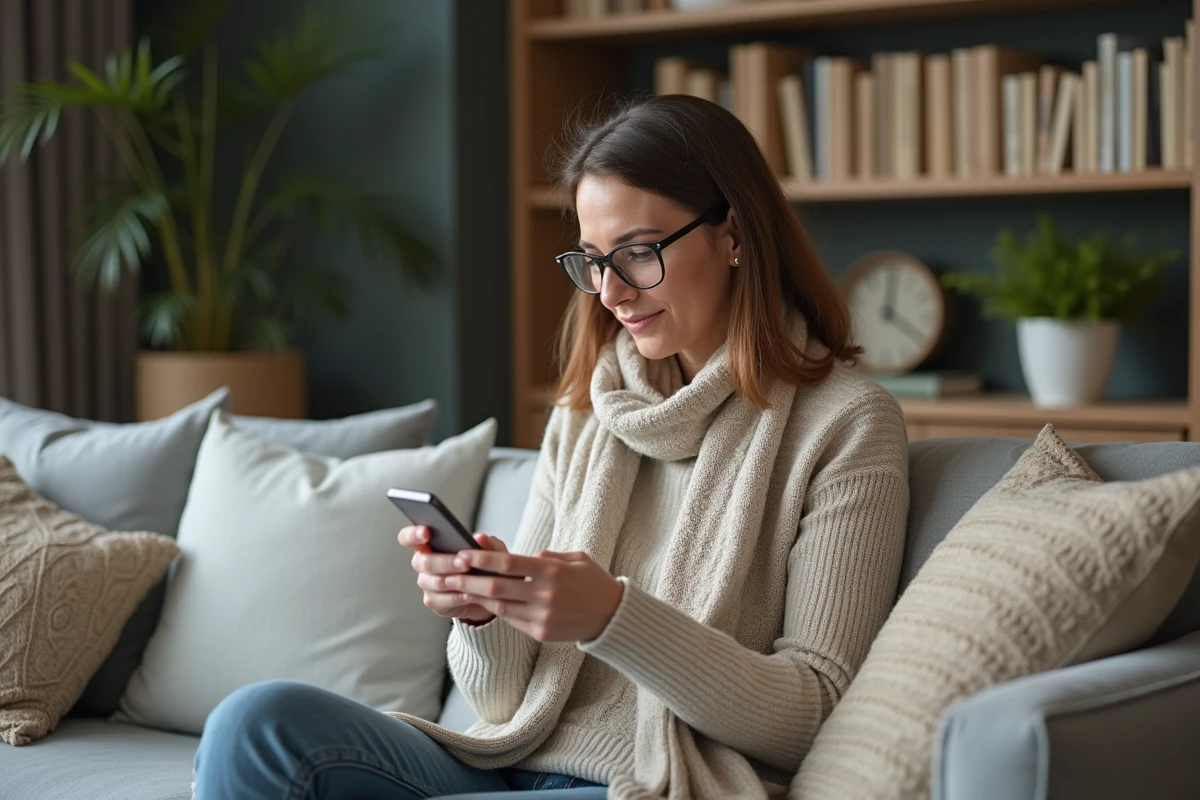 Femme d'âge moyen avec thermometre dans un salon cosy