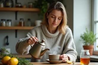 Femme versant du thé au thym dans une tasse rustique