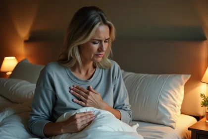 Femme adulte assise dans son lit la nuit souffrant de quintes de toux, main sur la poitrine, verre d'eau sur la table de nuit