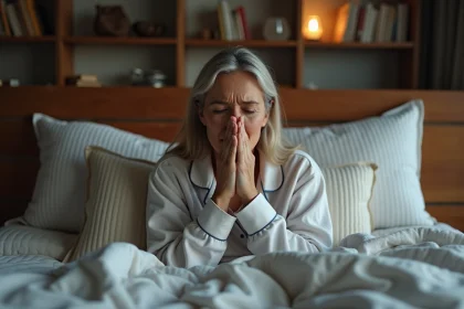 Femme d'âge moyen toussant dans son lit confortable