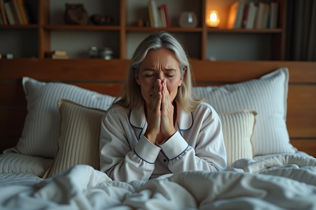 Femme d'âge moyen toussant dans son lit confortable