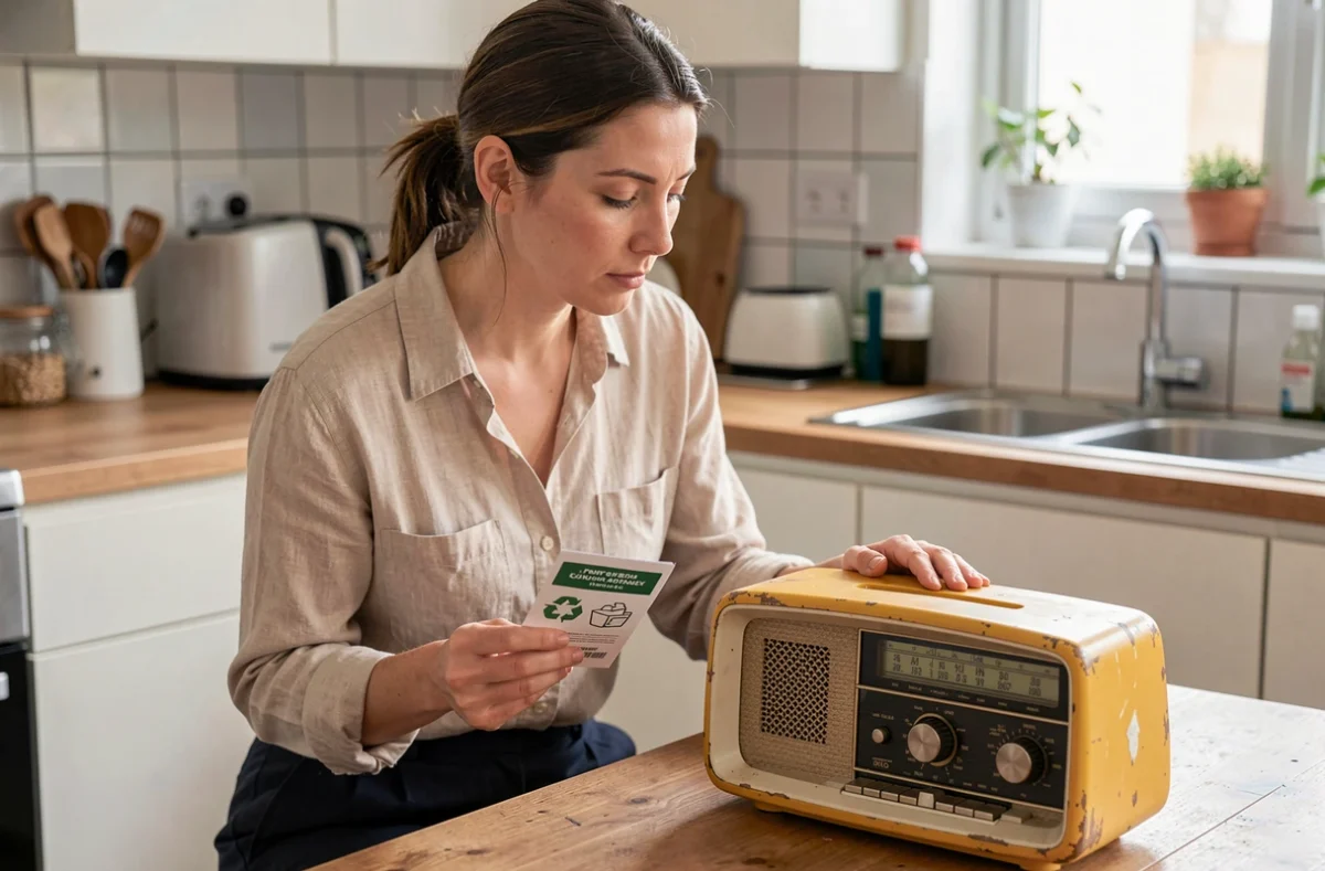 Femme inspectant une ancienne radio domestique avant de la recycler, tenant un guide de recyclage, dans une cuisine moderne
