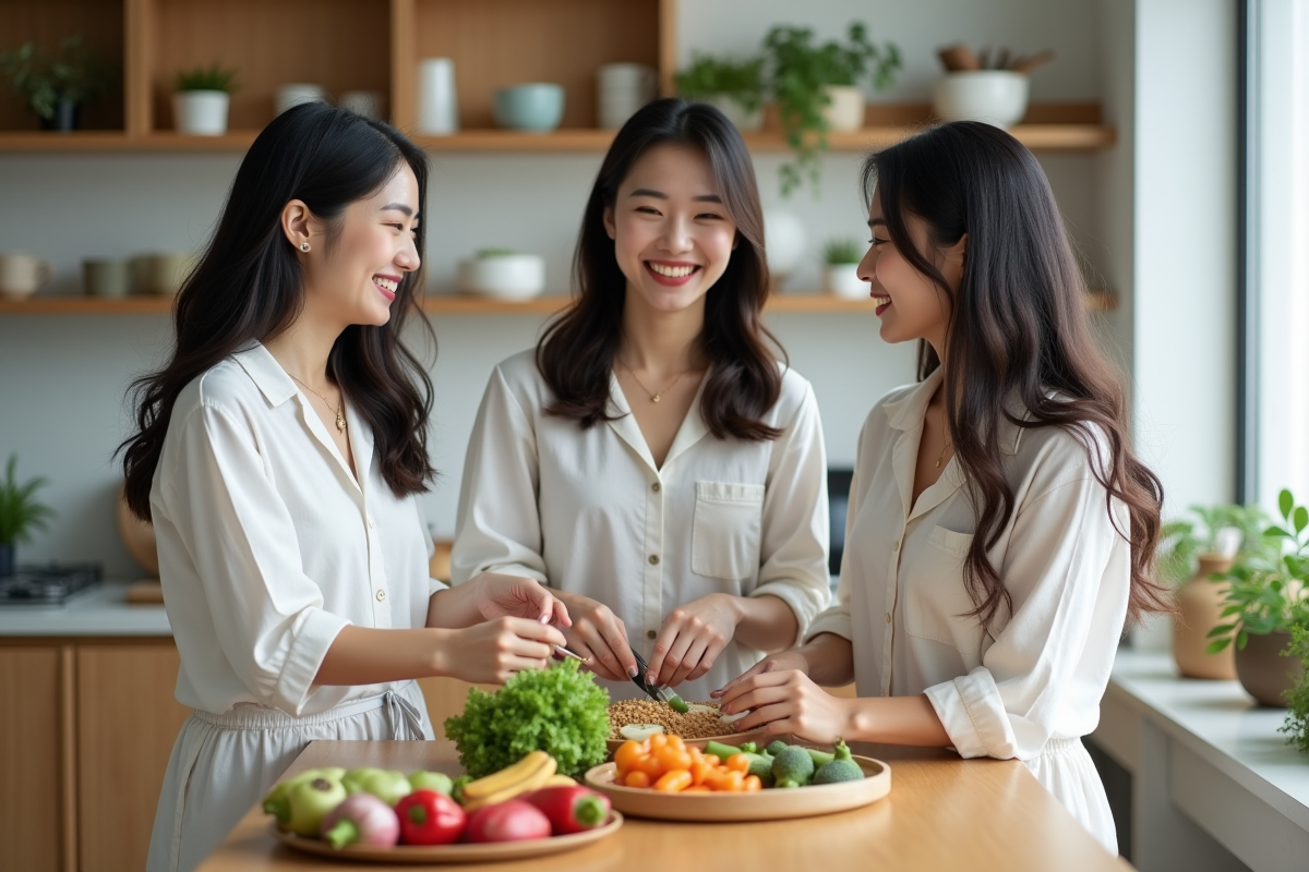 Trois femmes coréennes préparant un repas dans la cuisine