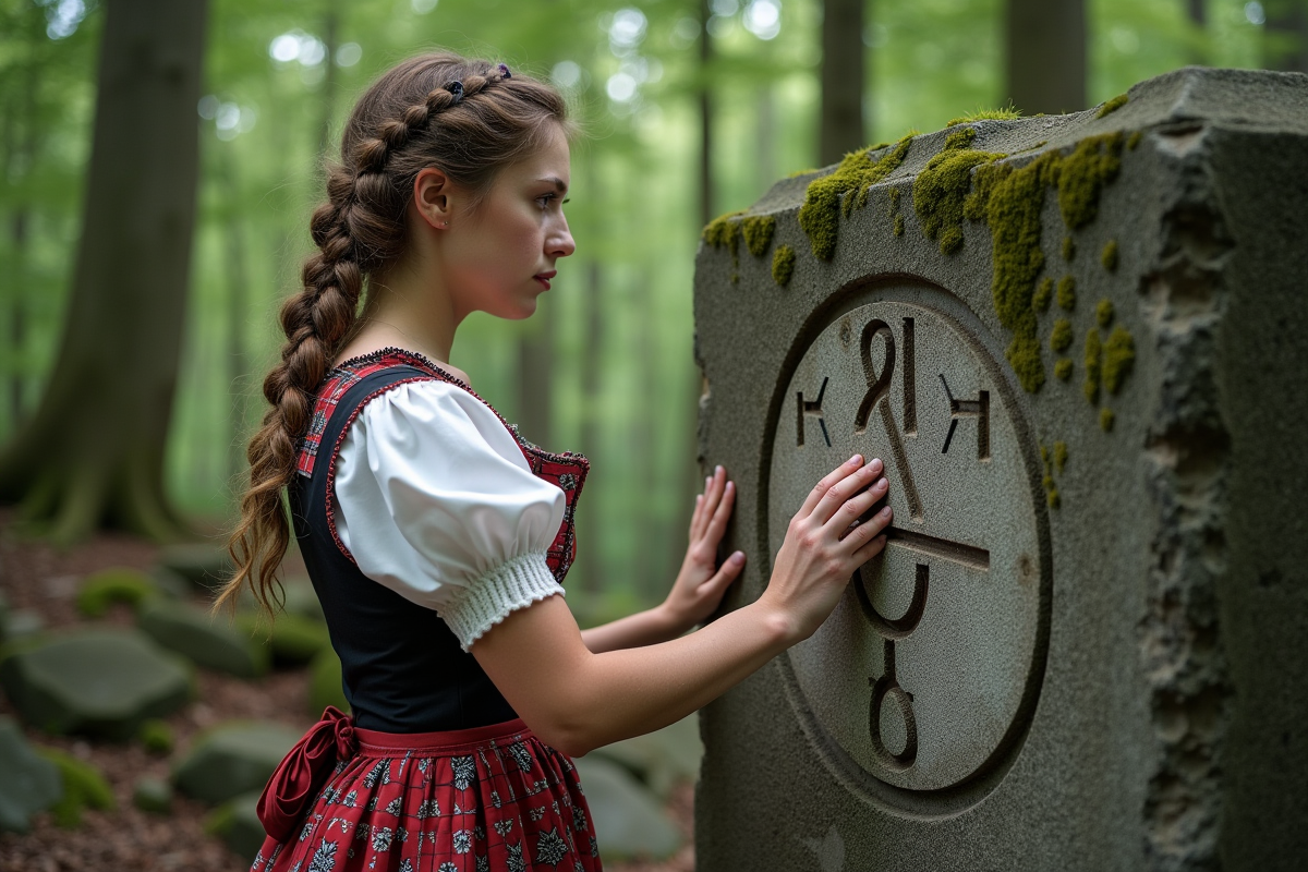 Jeune femme en costume traditionnel allemand dans la nature