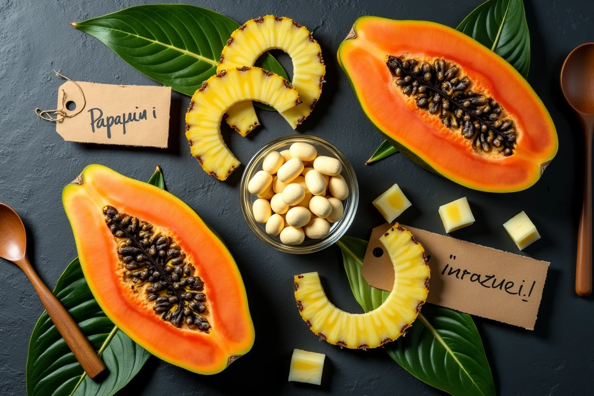 Vue de dessus d'une composition avec papaye, ananas et capsules d'enzymes digestives sur ardoise noire, styled flat-lay éditorial nutrition