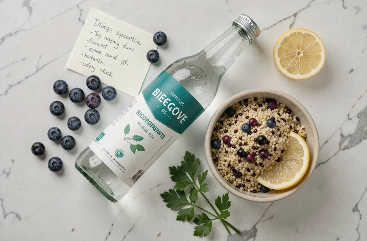 Vue aérienne d'une bouteille d'eau riche en bicarbonate entourée d'aliments protecteurs pour les reins sur fond de marbre blanc
