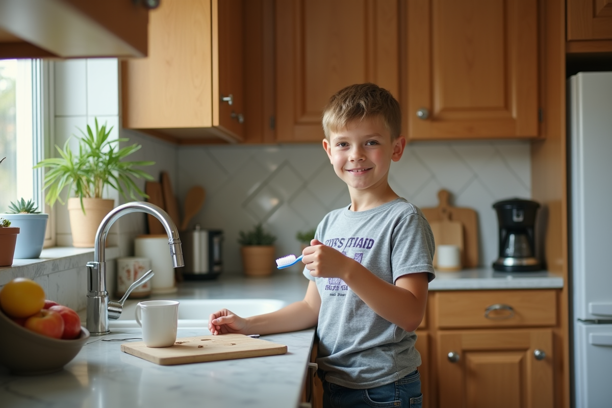 Garçon de 11 ans se brossant les dents dans la cuisine