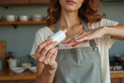 Femme appliquant un gel cicatrisant sur une brûlure au doigt dans une cuisine