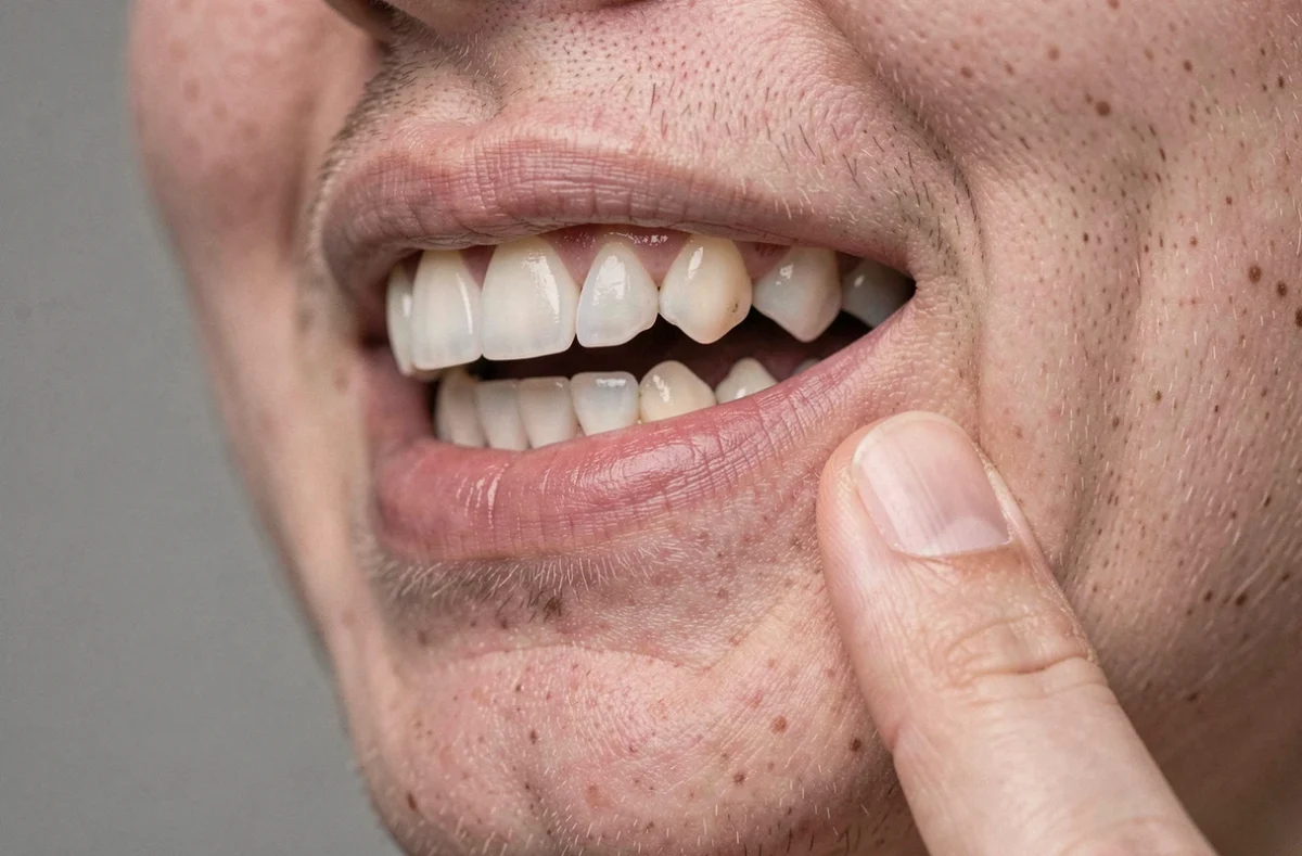 Gros plan sur une joue et des dents illustrant une douleur dentaire au toucher ou à la pression