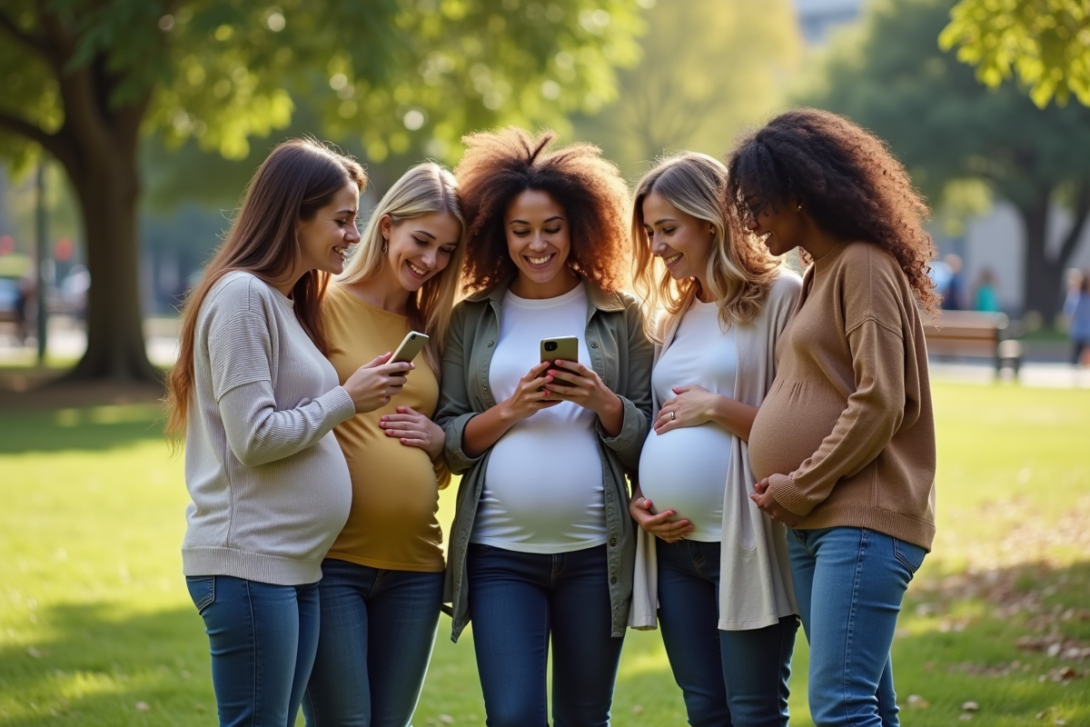 Femmes enceintes diverses partageant un moment dans un parc
