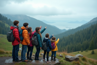Groupe divers en randonnée avec vue panoramique