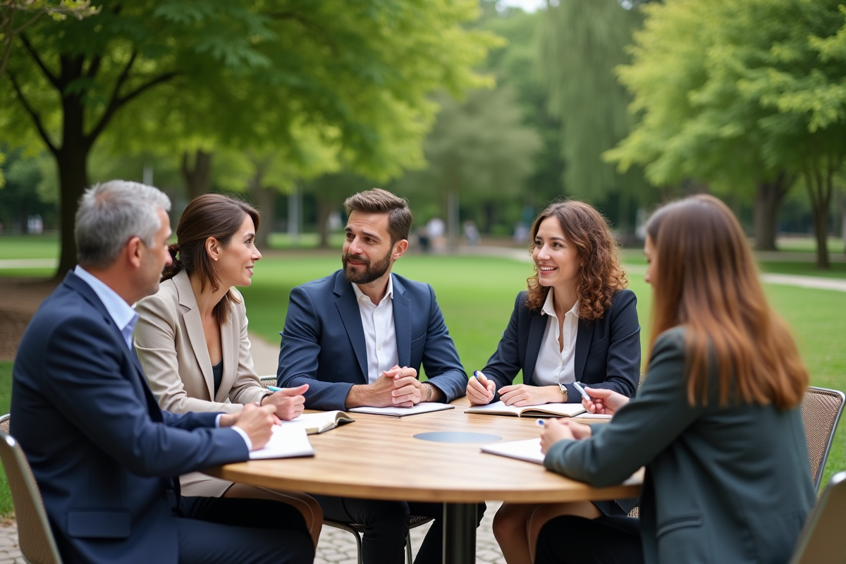 Groupe diversifié en réunion en plein air dans un parc