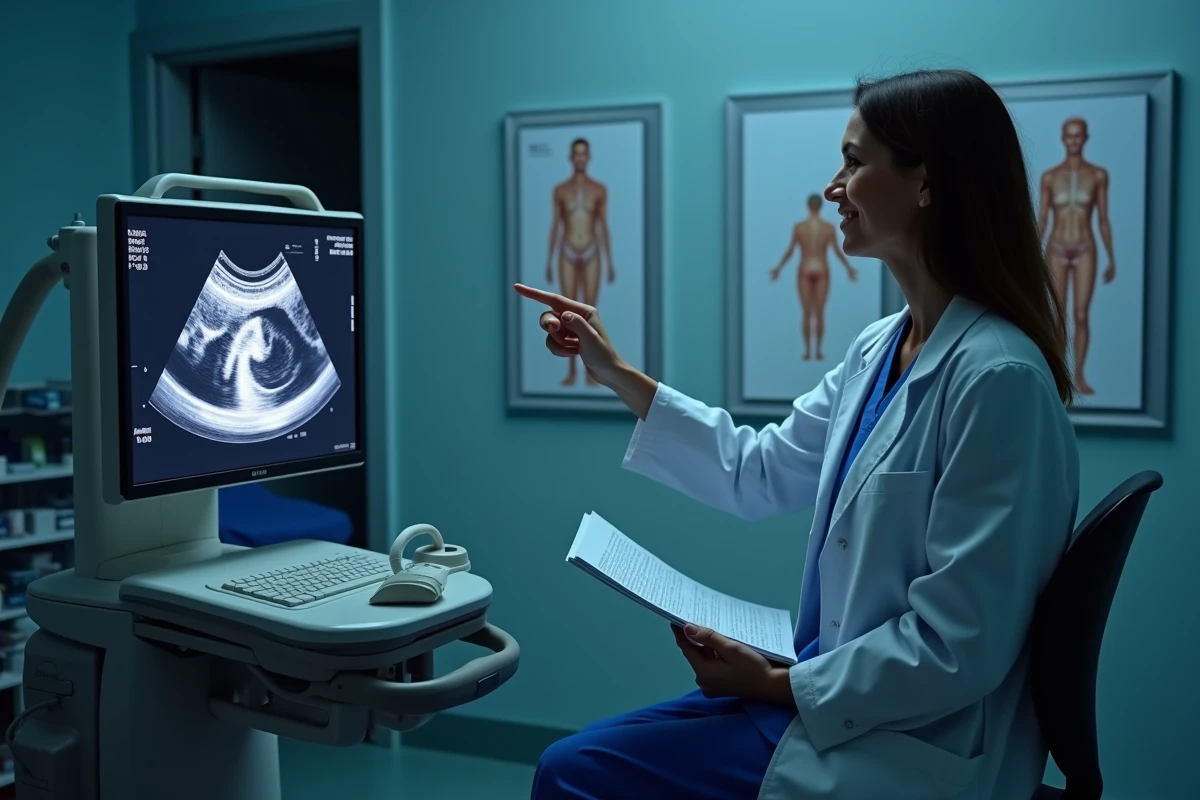 Gynécologue-obstétricienne en blouse blanche analysant une échographie cervicale sur écran mural dans une salle d'imagerie médicale hospitalière