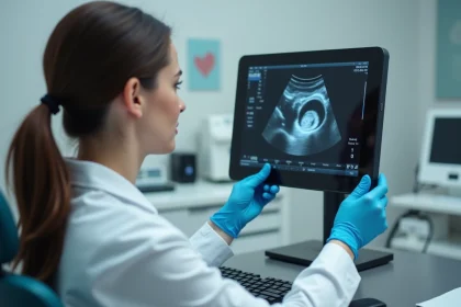 Gynécologue examinant un écran d'échographie montrant un sac gestationnel à 5 semaines d'aménorrhée