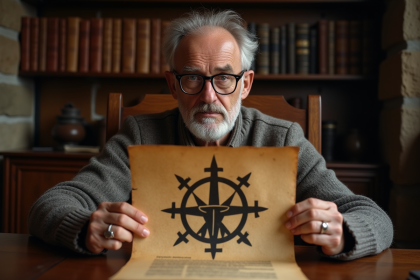 Historien allemand tenant un parchemin avec symbole Harzer