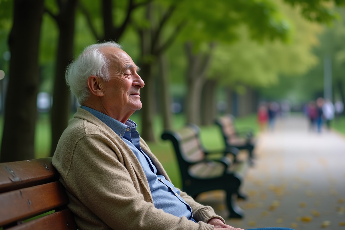 Homme âgé assis sur un banc dans un parc calme