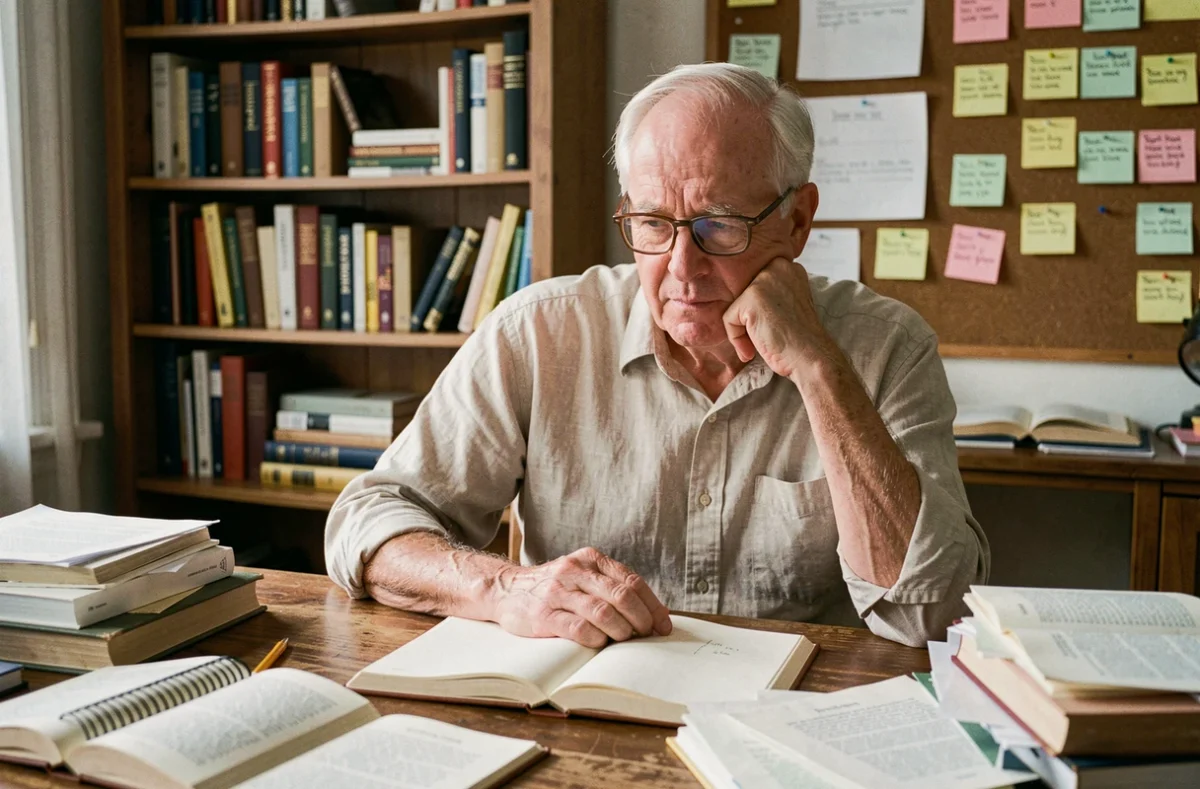 Homme âgé assis à un bureau encombré de notes et de livres, illustrant les difficultés de concentration et de mémoire associées à la leucopathie vasculaire grade 2