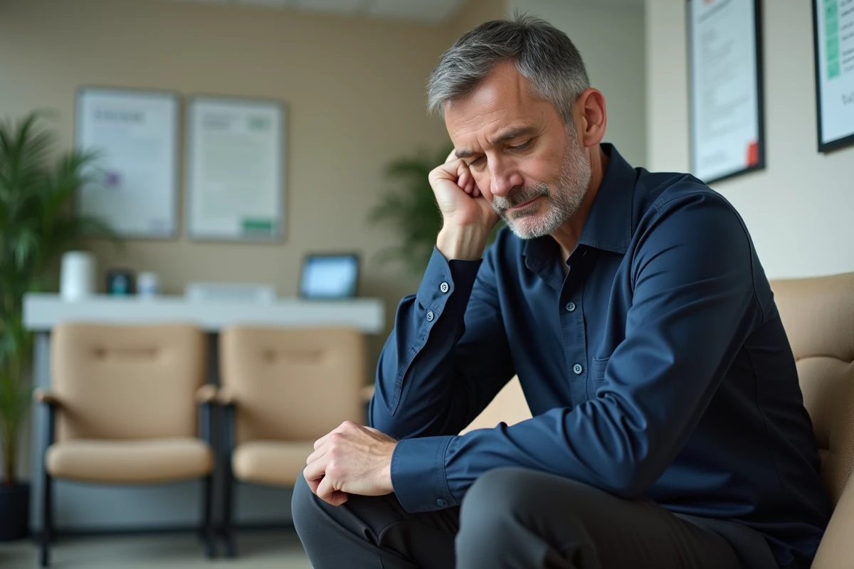 Homme dans une salle d'attente médicale tenant son oreille gauche avec une expression pensive