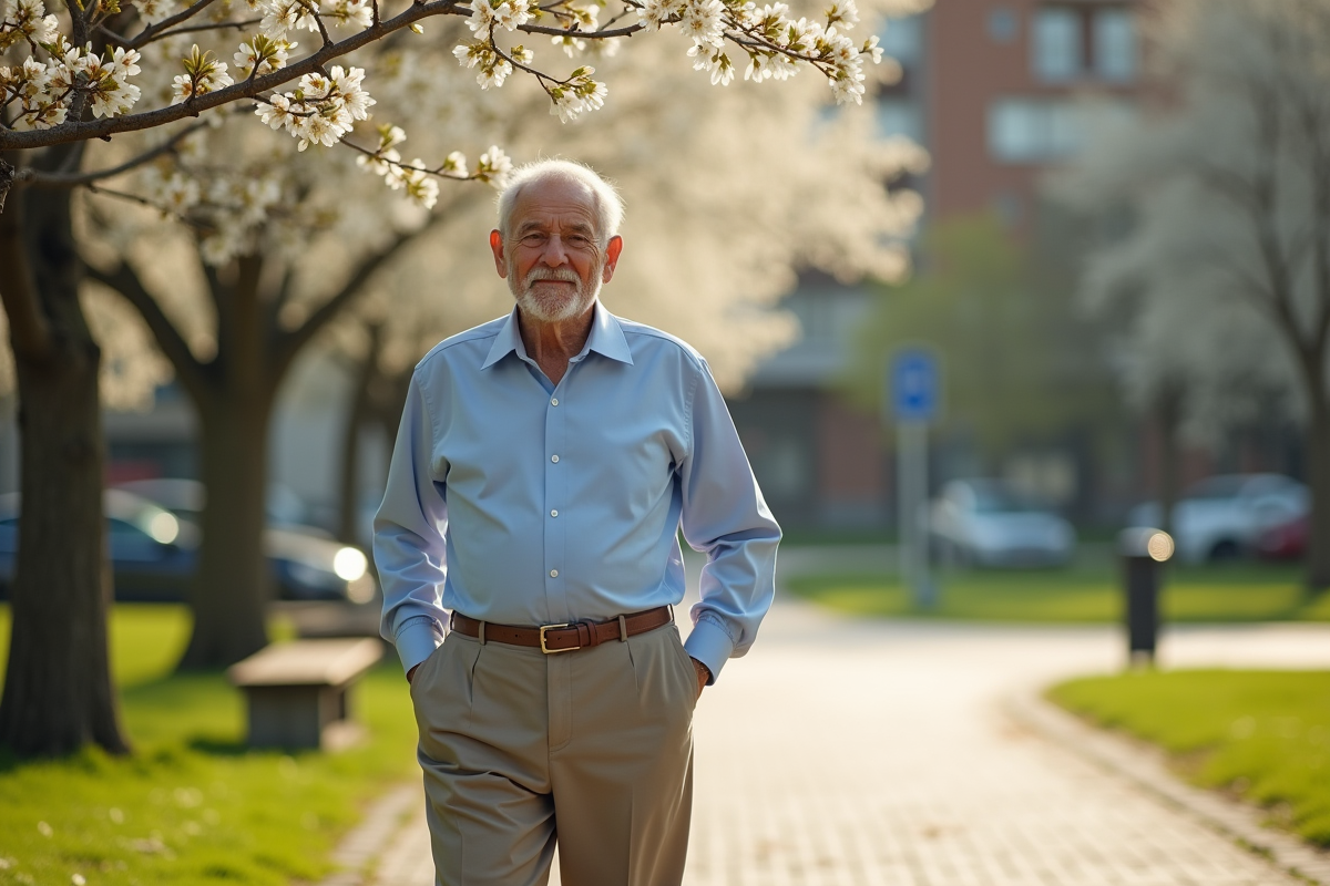 Homme âgé marchant dans un parc en automne