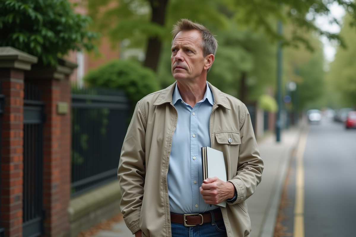 Homme pensif dans une rue résidentielle verte