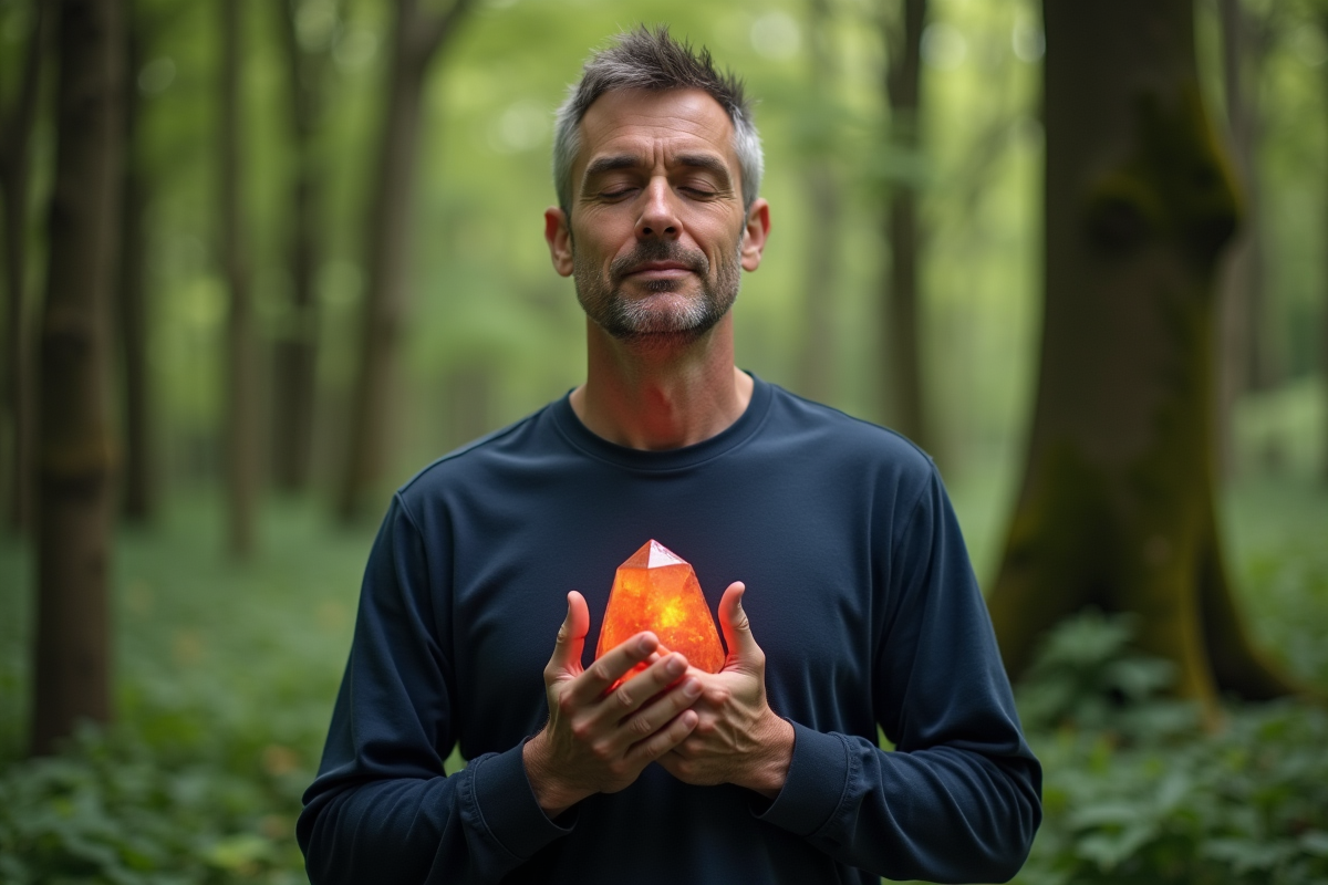 Homme méditant avec un cristal orange dans la forêt