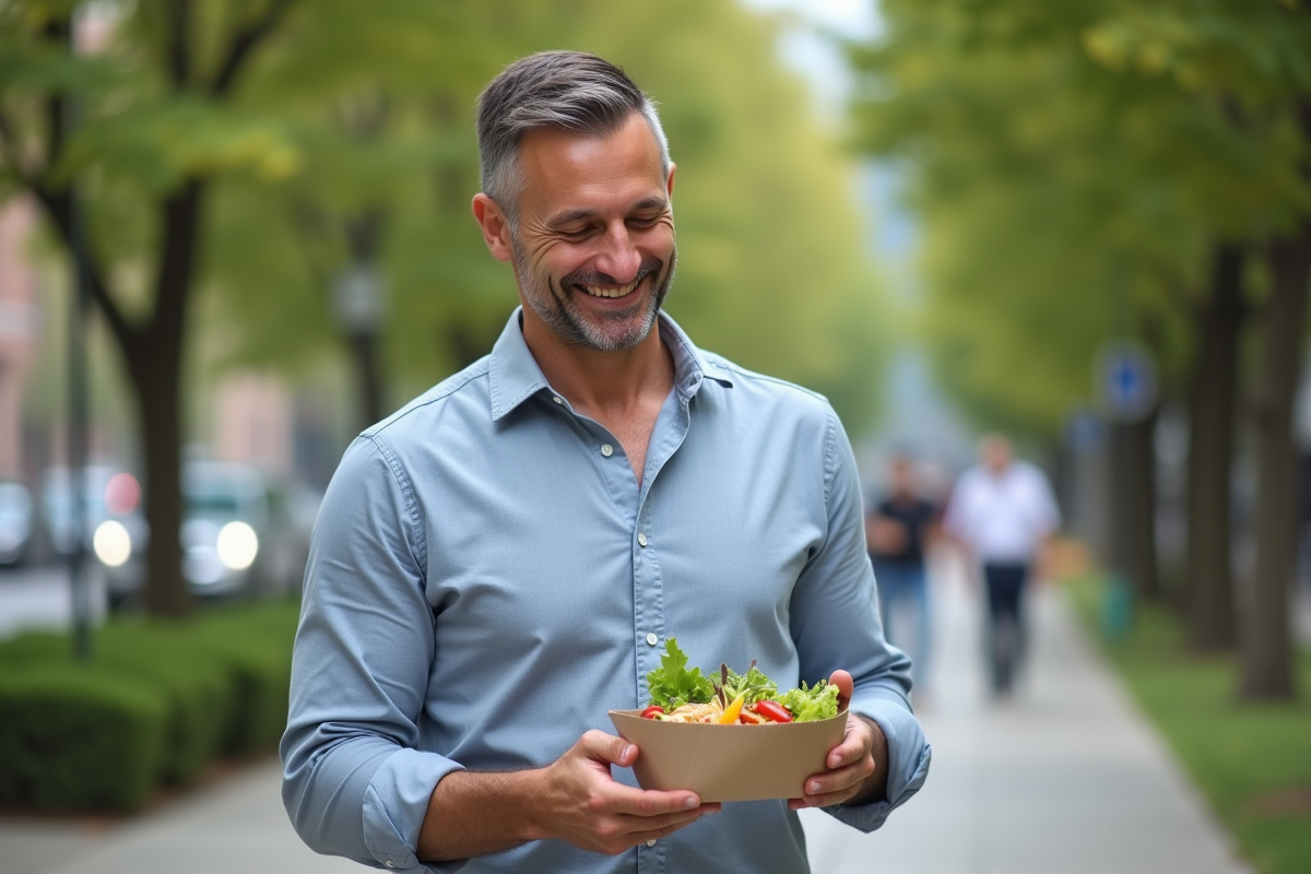 Homme mangeant une salade dans un parc urbain en journée
