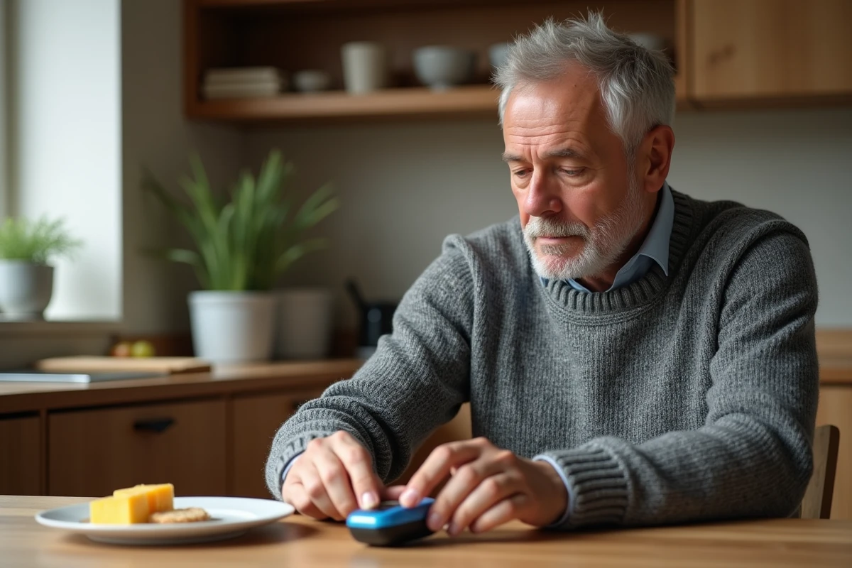 Homme diab&eacute;tique g&eacute;rant sa glyc&eacute;mie &agrave; table avec un plateau de fromage et un glucom&egrave;tre