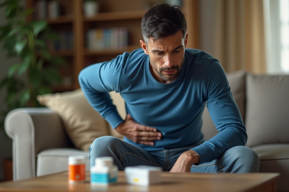 Homme souffrant de douleurs dorsales consultant un organisateur de médicaments avec ibuprofène et tramadol