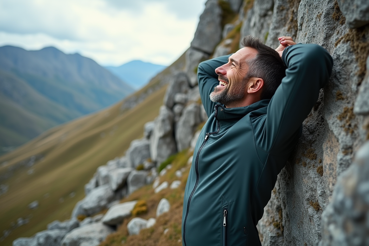 Homme d age moyen s etire devant un rocher en plein air