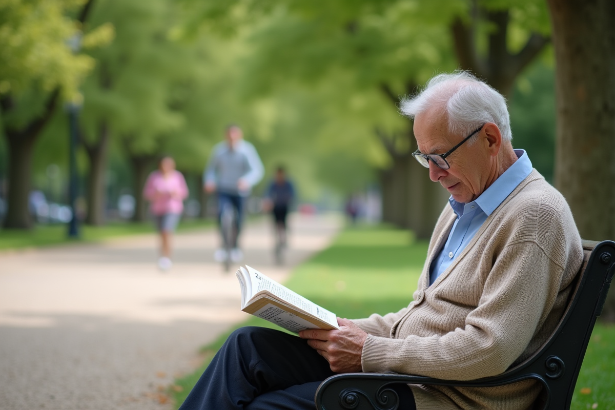 Homme âgé lisant un guide bien-être sur un banc de parc