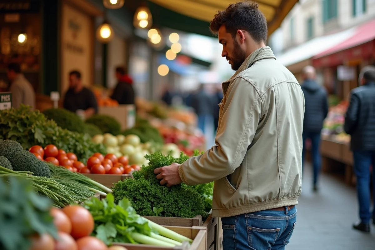 Homme choisissant des légumes au marché en plein air