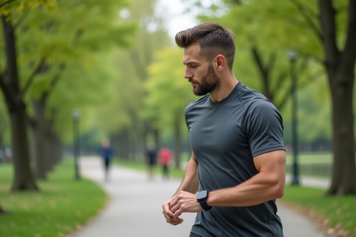 Homme courant dans un parc urbain au petit matin
