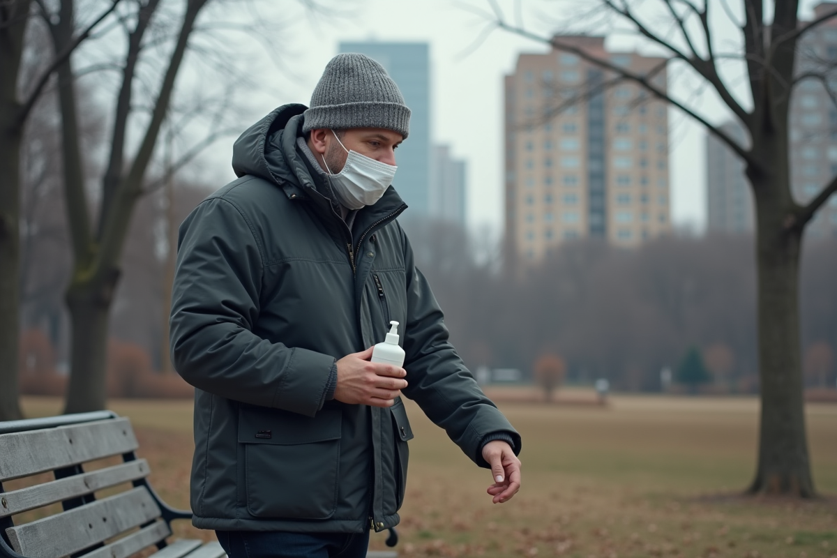 Homme en manteau et masque dans un parc urbain en hiver