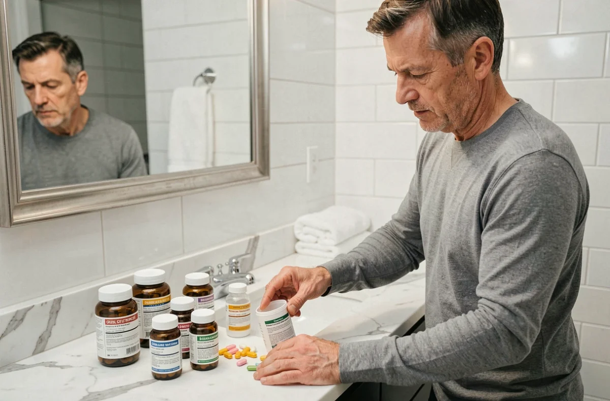 Homme organisant des médicaments et compléments alimentaires sur un plan vasque de salle de bain
