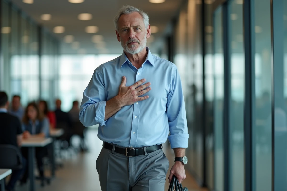 Homme en tenue professionnelle dans un couloir de bureau, la main sur la poitrine, exprimant une sensation de palpitation ou de vibration interne au travail