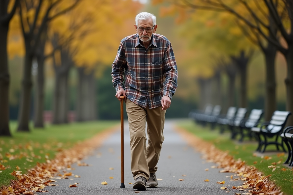 Homme âgé marchant dans un parc en automne avec une canne