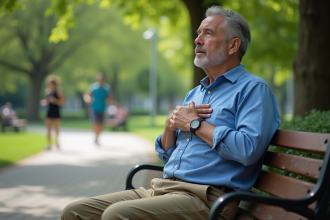 Homme d'âge moyen assis sur un banc dans un parc urbain
