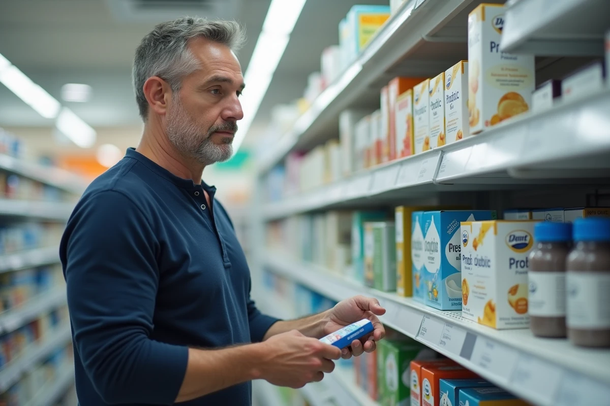 Homme en pharmacie comparant des compléments probiotiques en gélules, poudre et boisson fermentée