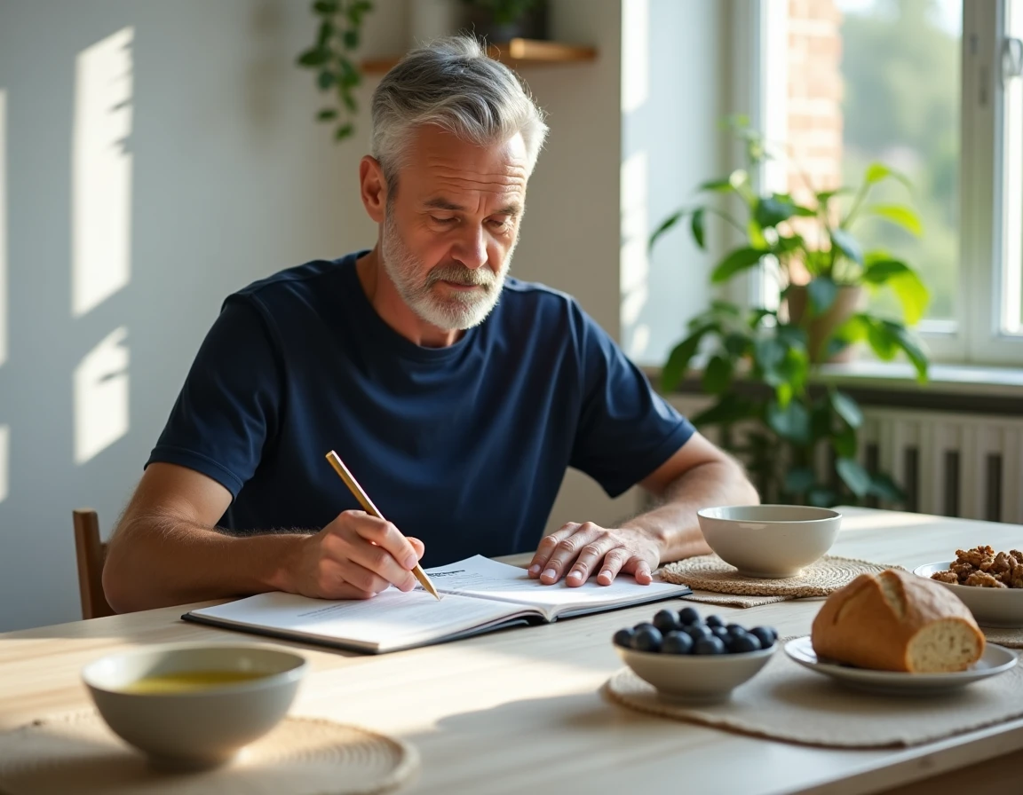 Homme consultant un plan alimentaire pour gérer un excès de ferritine autour d'un petit-déjeuner sain