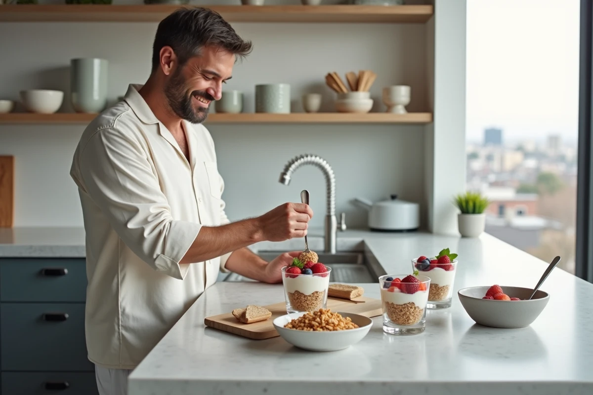 Homme en pyjama préparant un parfait au yaourt dans l