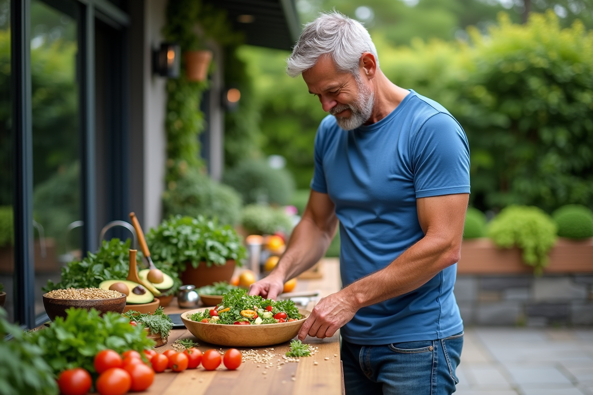 Homme en extérieur préparant une salade fraîche