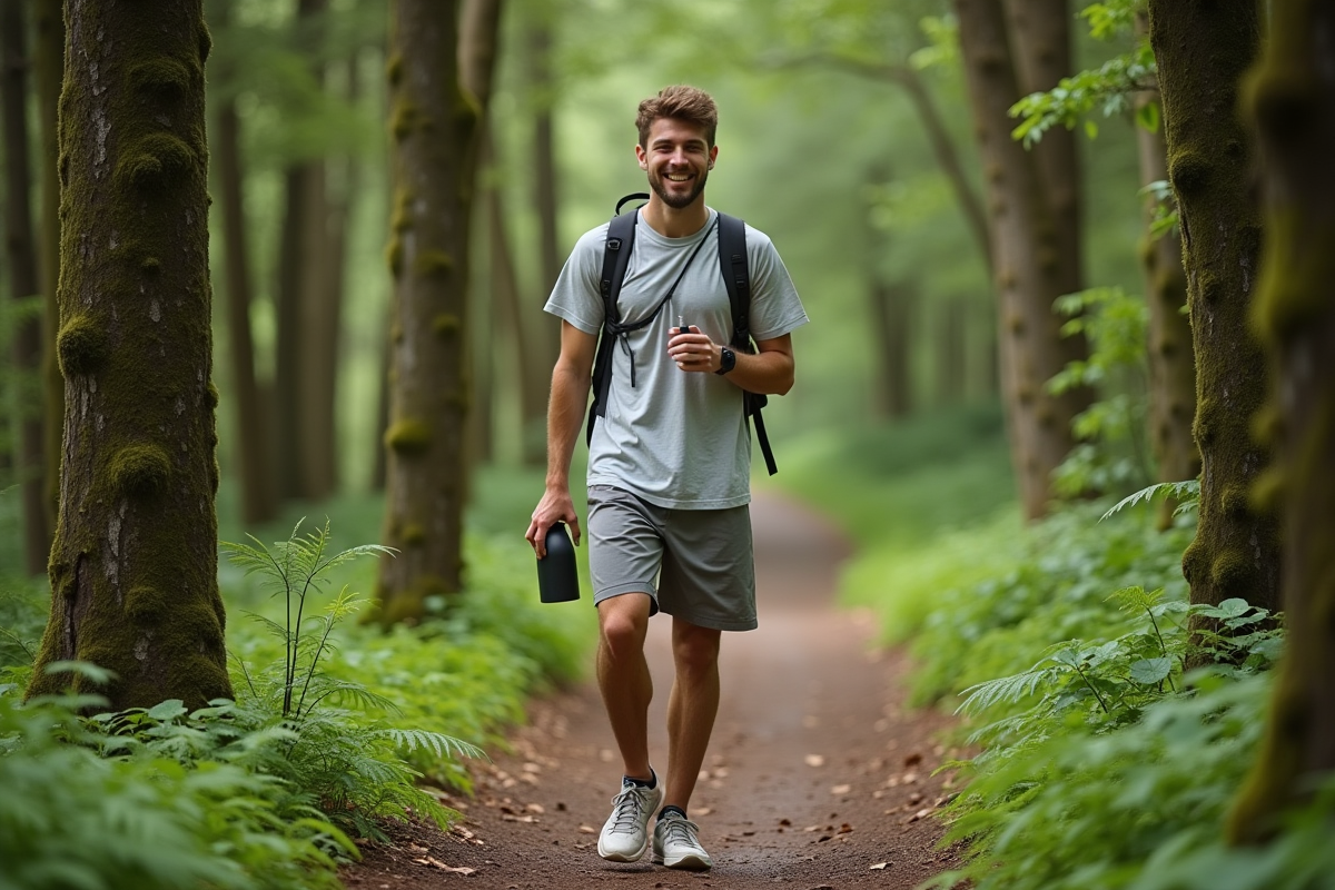 Jeune homme en randonnée dans la forêt avec bouteille d