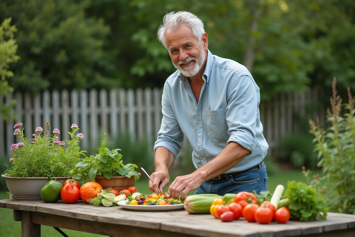 Homme préparant une salade dans un jardin rustique en plein air