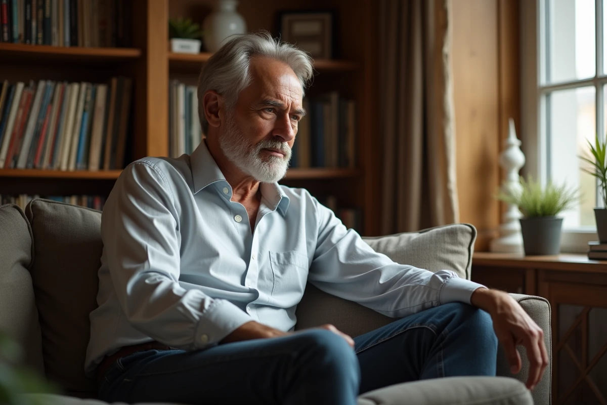Homme pensif assis dans un salon chaleureux