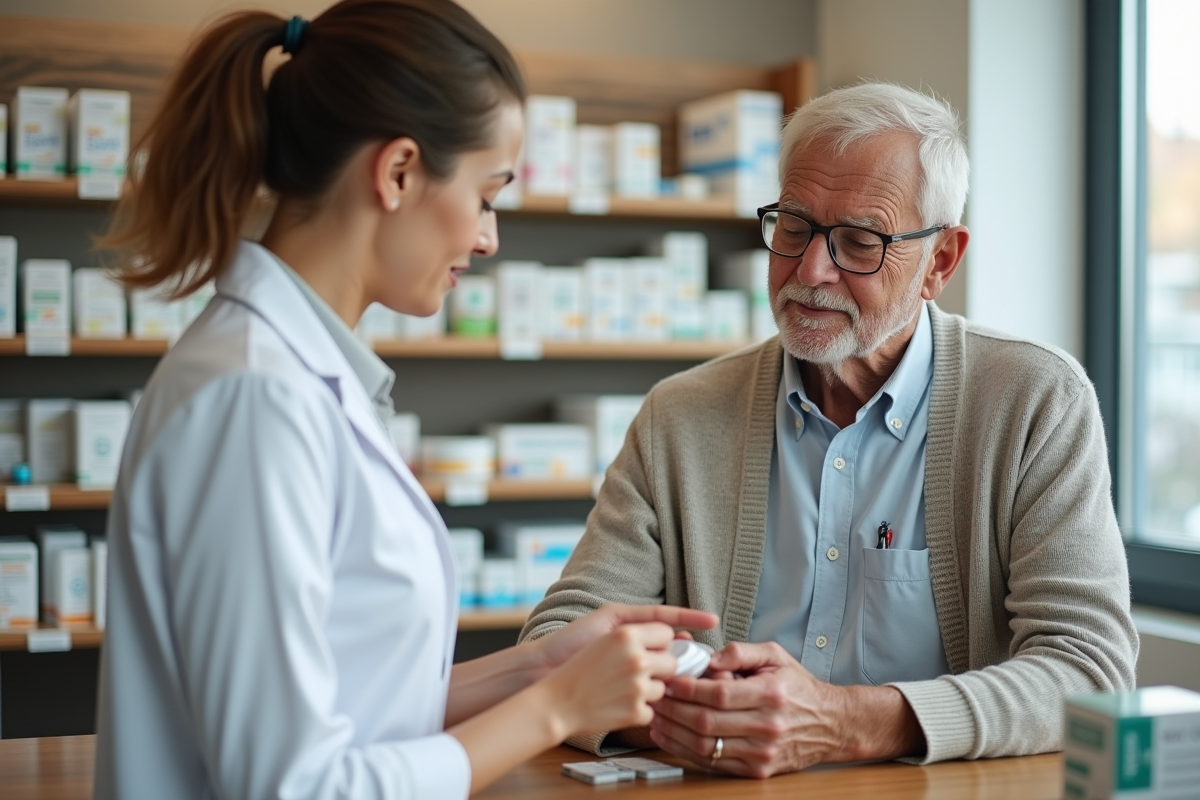 Homme âgé consultant une pharmacienne avec des médicaments en pharmacie