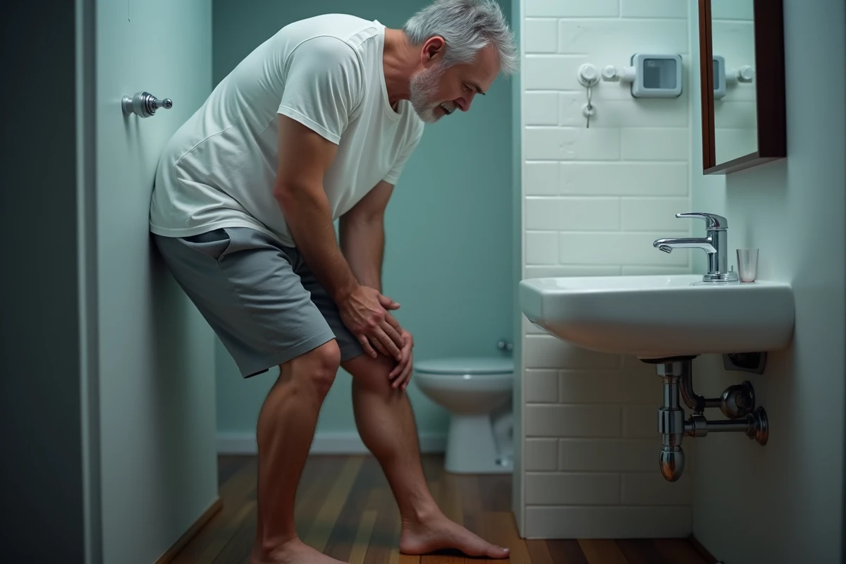 Homme senior debout pieds nus dans la salle de bain la nuit, s'étirant pour soulager une crampe musculaire dans la jambe