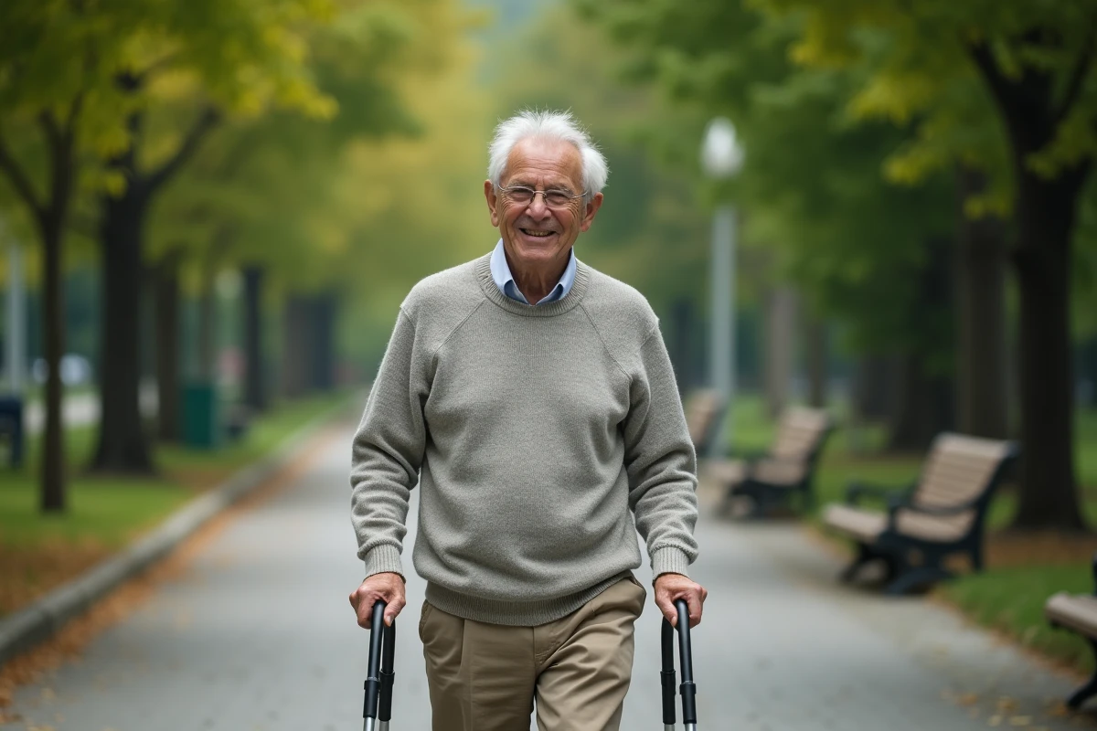 Homme âgé marchant dans un parc avec une canne et un sourire