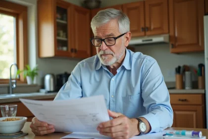 Senior homme consultant ses documents médicaux et organisateur de médicaments après pose de stent coronaire